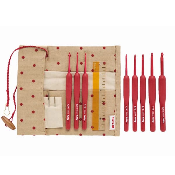 le kit crochet tulip softgrip etimo red ouvert avec 8 crochets et une règle.